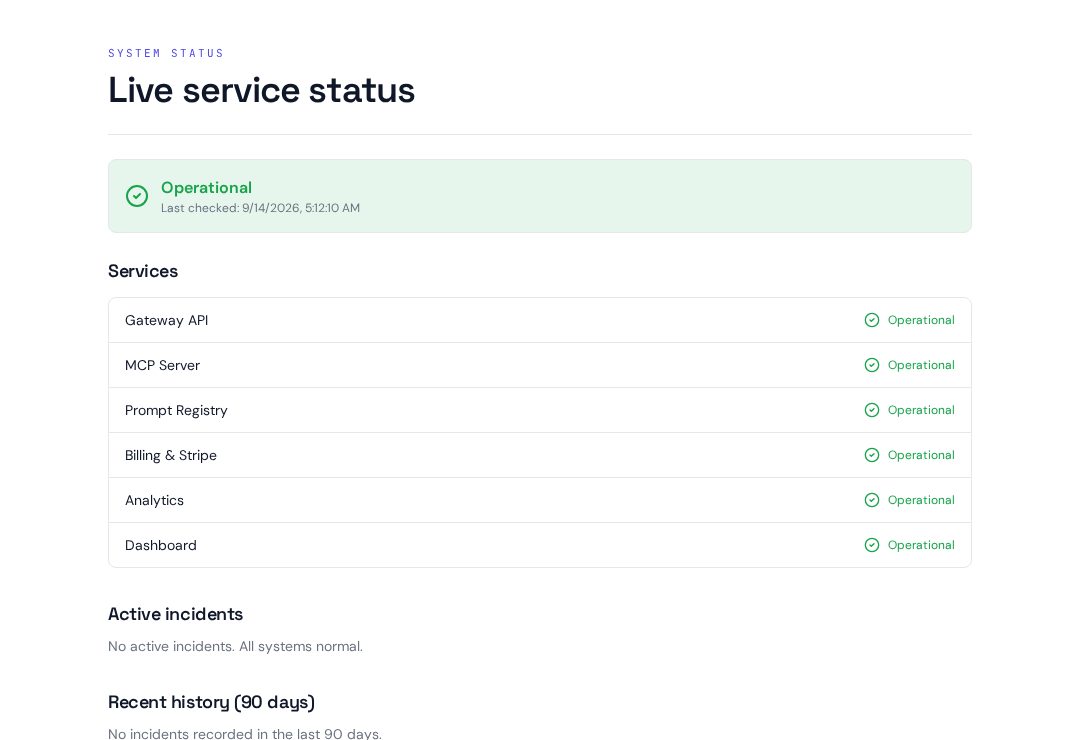Żywa strona statusu odnogi pokazująca wszystkie usługi operacyjne: Gateway API, MCP Server, Prompt Registry, Billing, Analytics, Dashboard